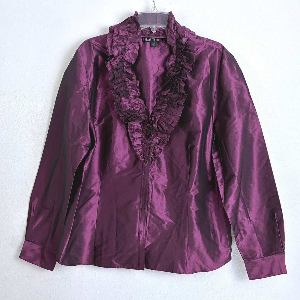 Lafayette 148 New York Silk Taffeta Blouse Magenta Purple Ruffle Neck 18